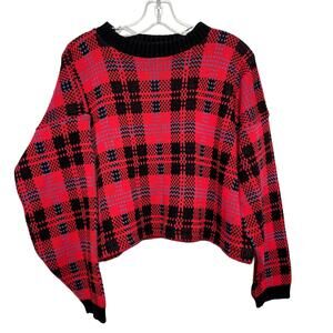 90's Vintage Red & Black Plaid Cropped Baggy Sweater M/L